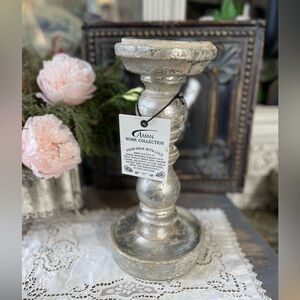 Rustic silver & white distressed candle holder French Country cottage
